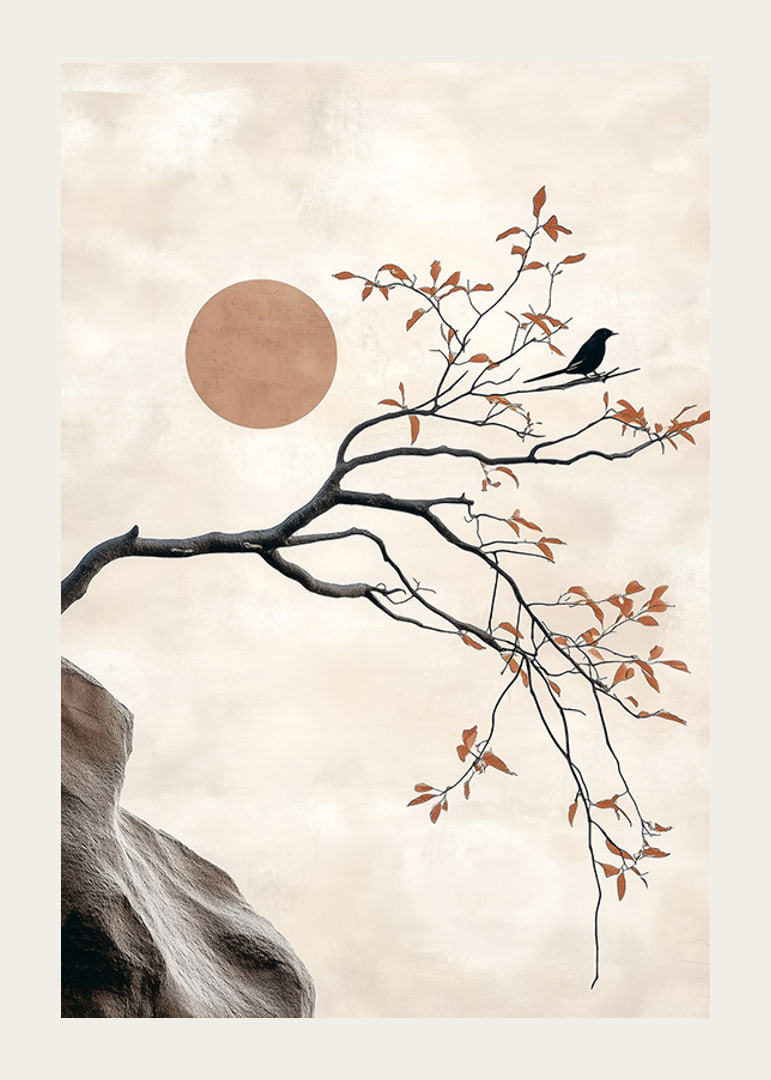 A bird on a branch against a soft sky with a sun in the background-12