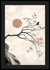 A bird on a branch against a soft sky with a sun in the background-4