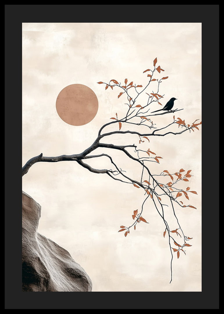 A bird on a branch against a soft sky with a sun in the background-12