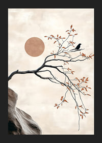 A bird on a branch against a soft sky with a sun in the background-5