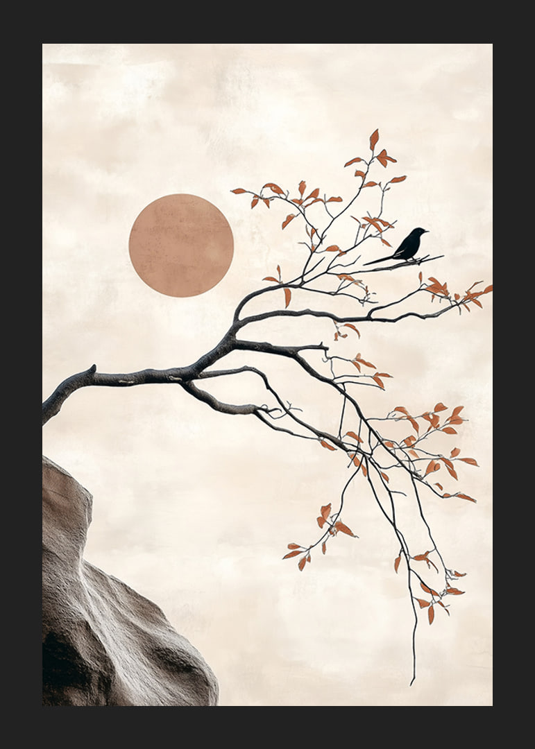 A bird on a branch against a soft sky with a sun in the background-12