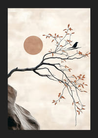 En fågel på en gren mot en mjuk himmel med en sol i bakgrunden-5