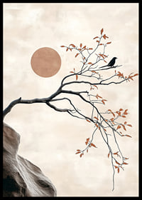 A bird on a branch against a soft sky with a sun in the background-6
