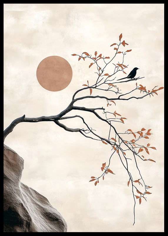 A bird on a branch against a soft sky with a sun in the background-12