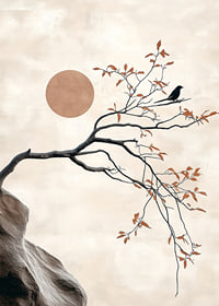 A bird on a branch against a soft sky with a sun in the background-7