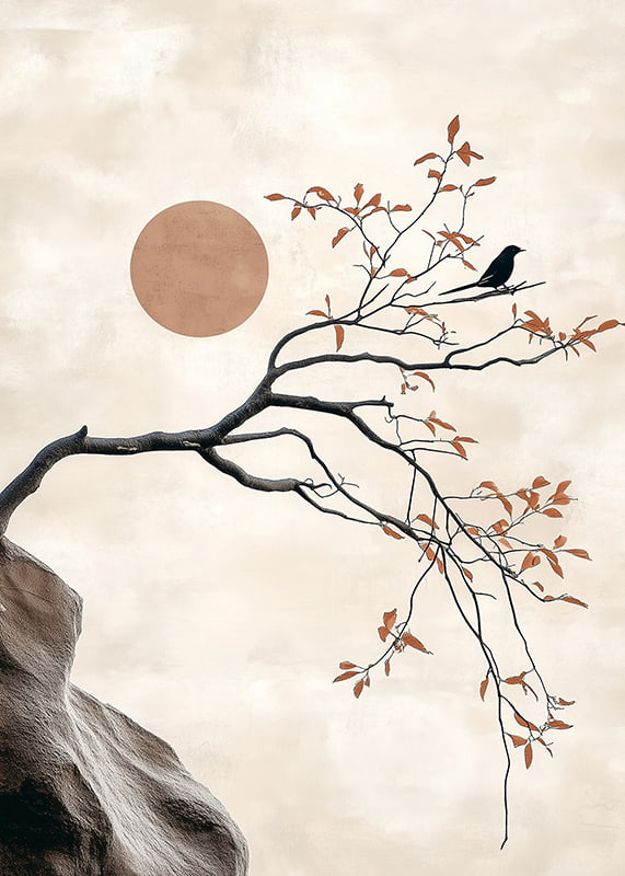 A bird on a branch against a soft sky with a sun in the background-12