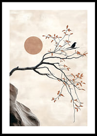 A bird on a branch against a soft sky with a sun in the background-0