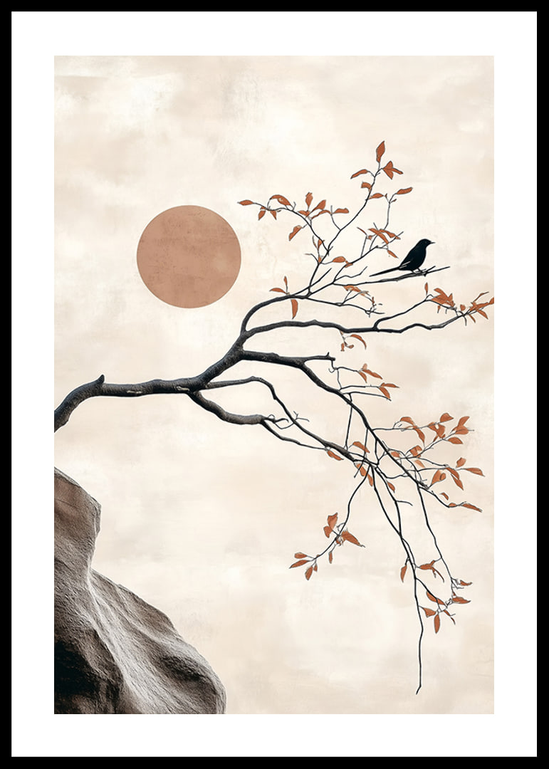 A bird on a branch against a soft sky with a sun in the background-12