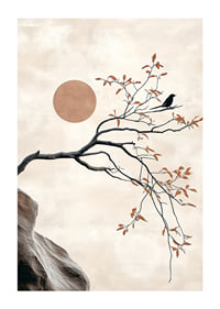 A bird on a branch against a soft sky with a sun in the background-1