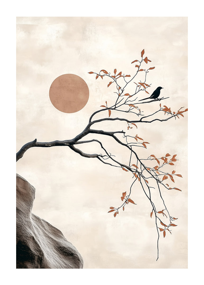 A bird on a branch against a soft sky with a sun in the background-12