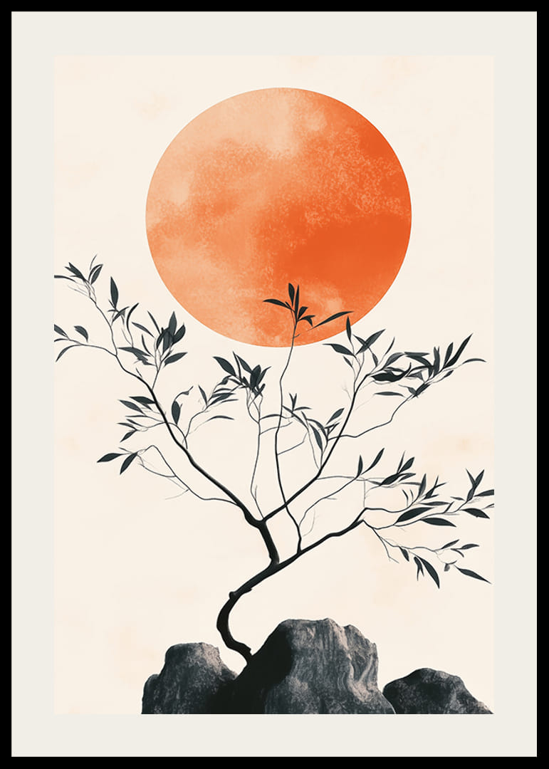 A meditative poster with a tree branch against a blazing sun-12