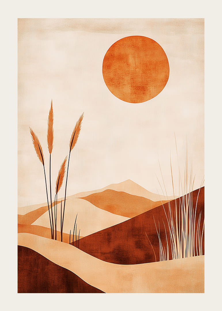 Ökenlandskap med mjuka kurvor och en glödande sol-12