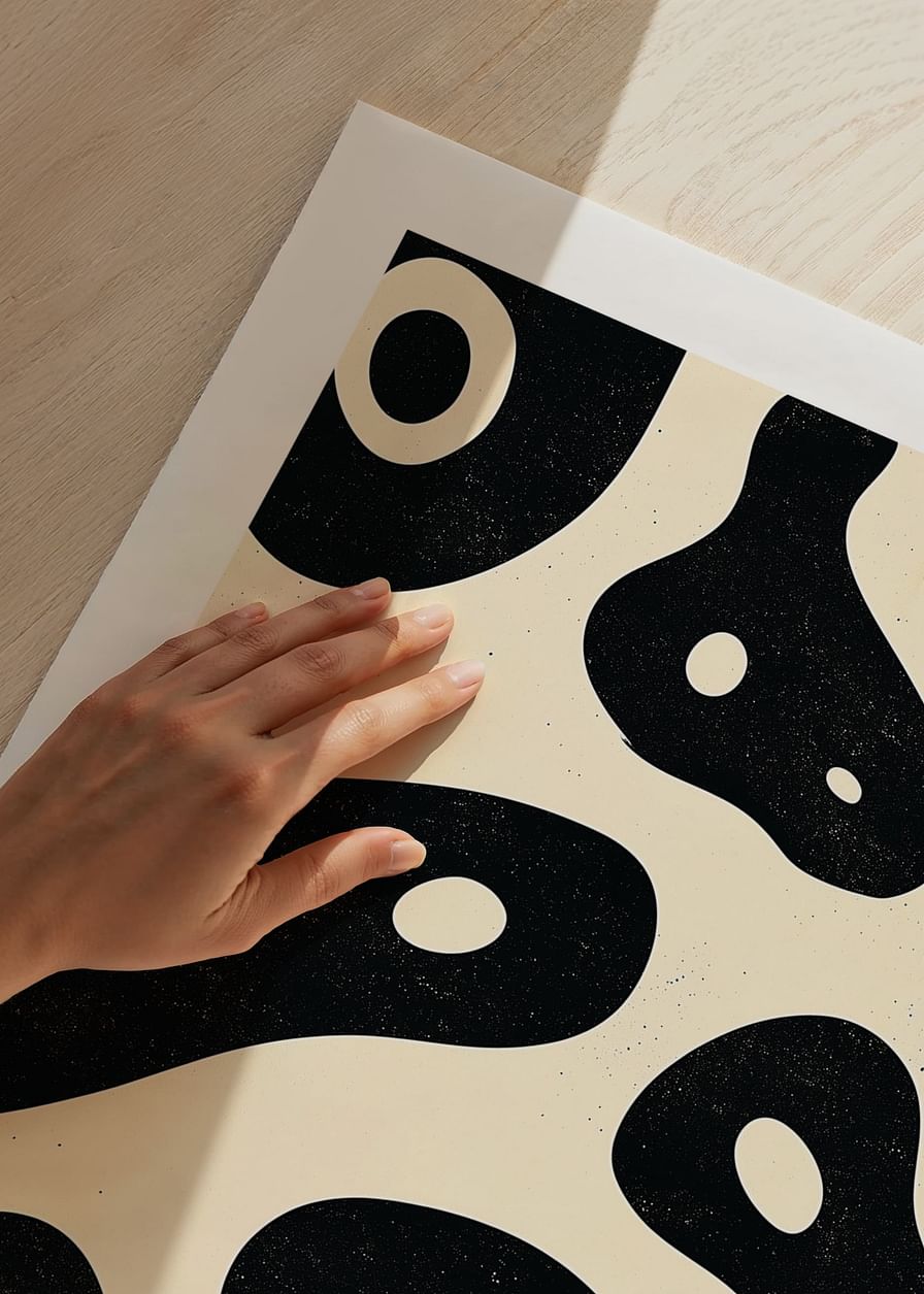 Zwart-witte vormen in een organische, vloeiende stijl op de poster-12