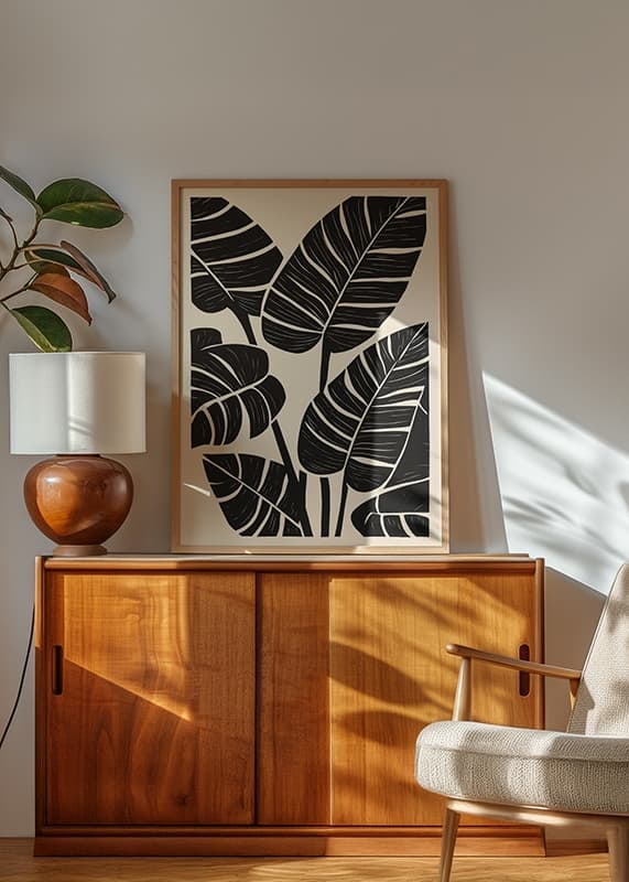 Sorte bananblade på en beige baggrund giver en elegant enkelhed-12