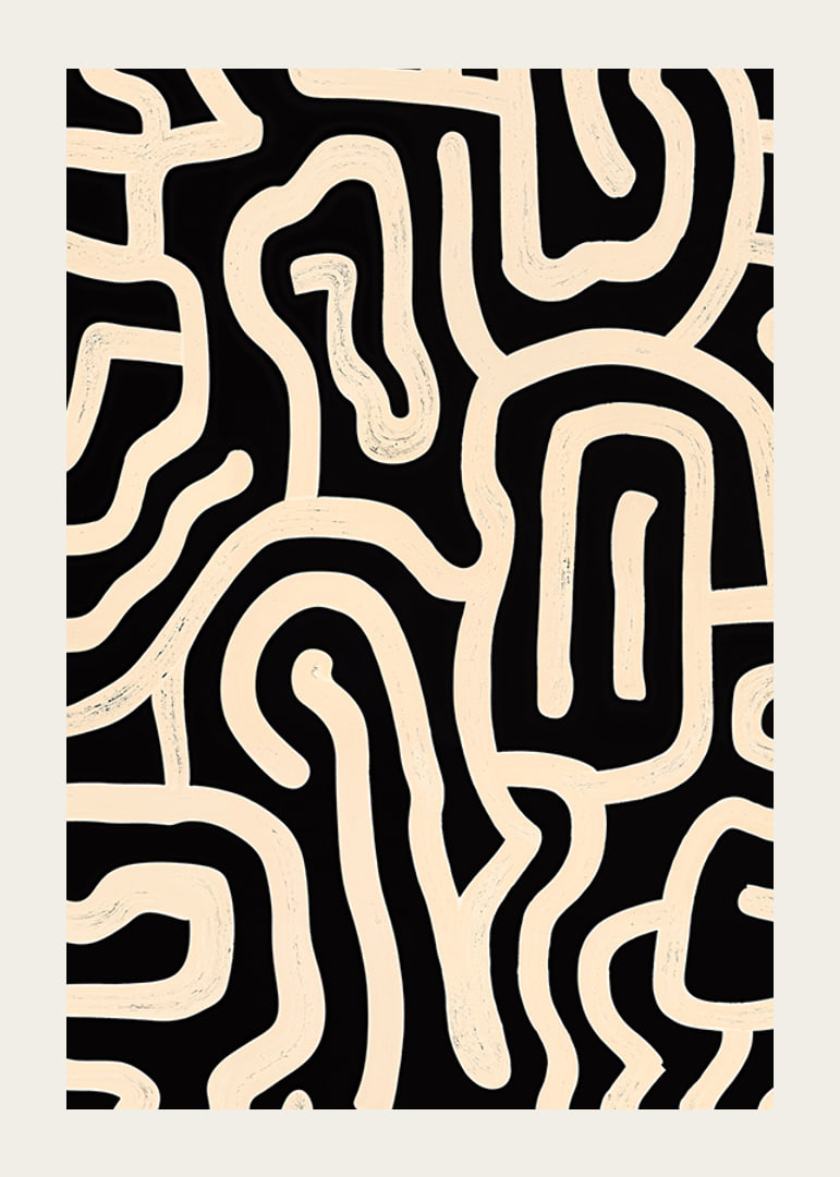Póster en blanco y negro con líneas sinuosas en un patrón abstracto.-12