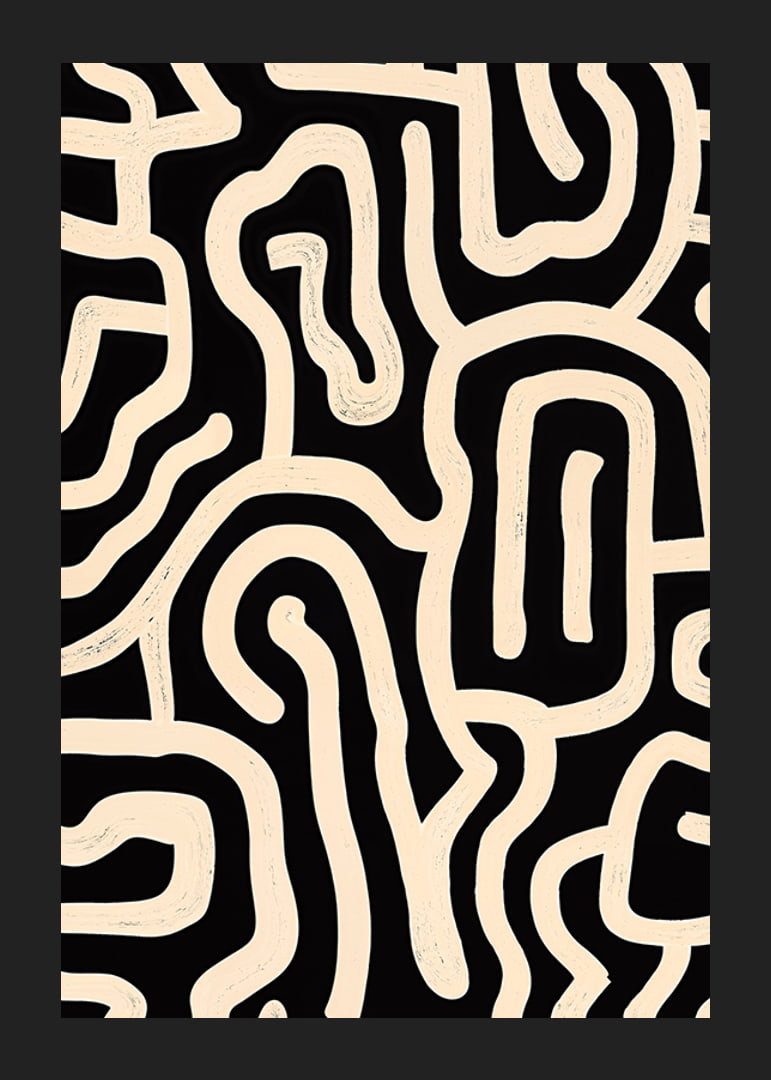 Póster en blanco y negro con líneas sinuosas en un patrón abstracto.-12