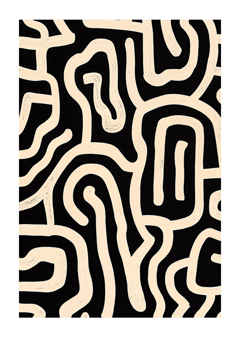 Póster en blanco y negro con líneas sinuosas en un patrón abstracto.-12