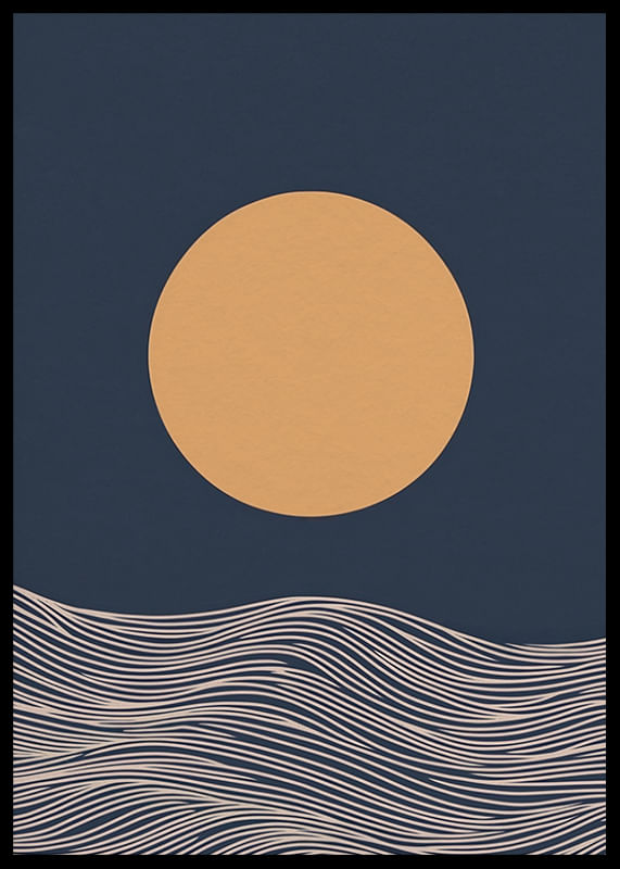 Een gouden zon boven abstracte golven, kalme en tijdloze schoonheid-12