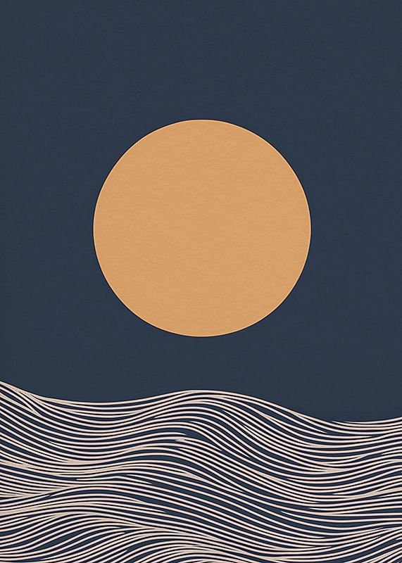 Een gouden zon boven abstracte golven, kalme en tijdloze schoonheid-12
