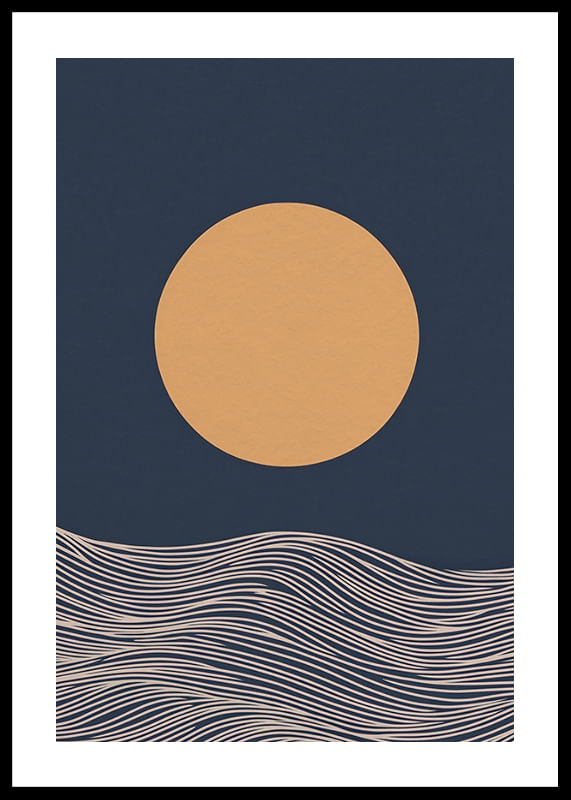 Een gouden zon boven abstracte golven, kalme en tijdloze schoonheid-12