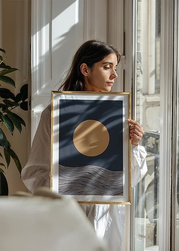 Een gouden zon boven abstracte golven, kalme en tijdloze schoonheid-12