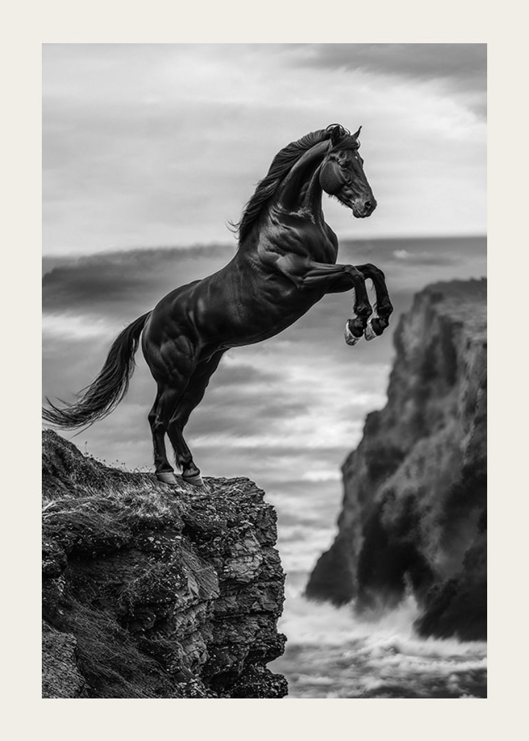 A mighty horse on a cliff in front of stormy waves-12