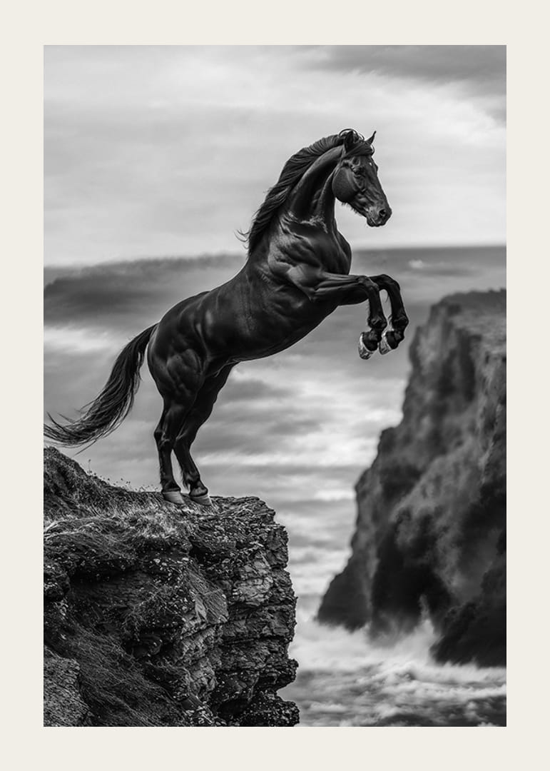 Un cheval puissant sur une falaise face à des vagues déchaînées-12