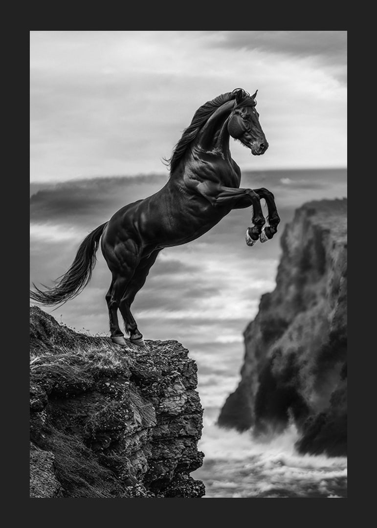 A mighty horse on a cliff in front of stormy waves-12