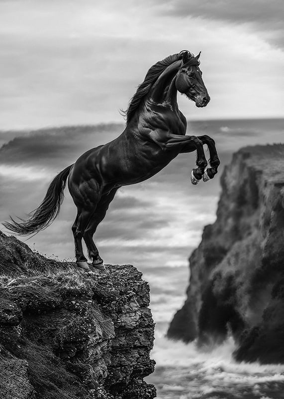 A mighty horse on a cliff in front of stormy waves-12
