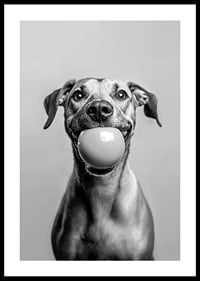 Glad hund med boll i munnen som utstrålar lekfullhet och glädje-0