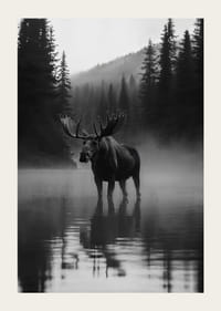 En majestätisk älg står vid en dimmig skogssjö-3