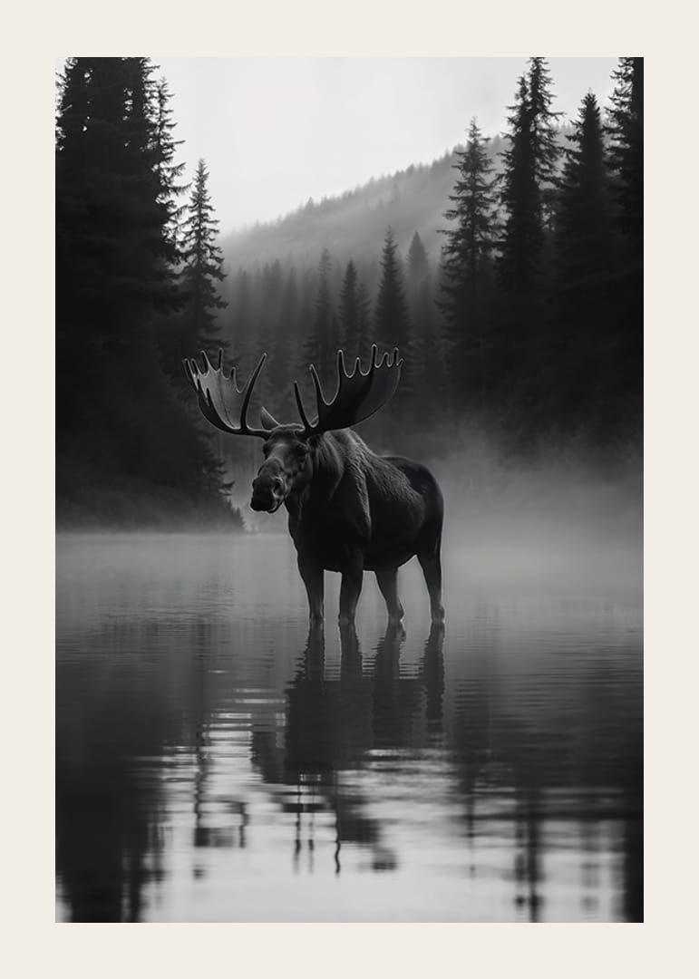 En majestätisk älg står vid en dimmig skogssjö-12