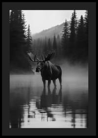 En majestätisk älg står vid en dimmig skogssjö-4