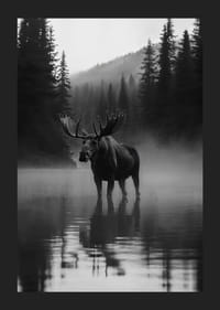 En majestätisk älg står vid en dimmig skogssjö-5