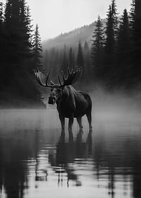 Un elan maiestuos stă lângă un lac de pădure cețos-3