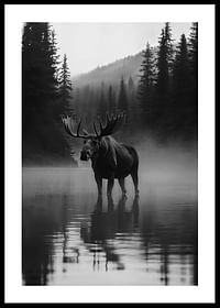 Un elan maiestuos stă lângă un lac de pădure cețos-0