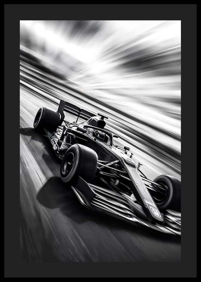 En svartvit racingbil fångar fartens essens-12