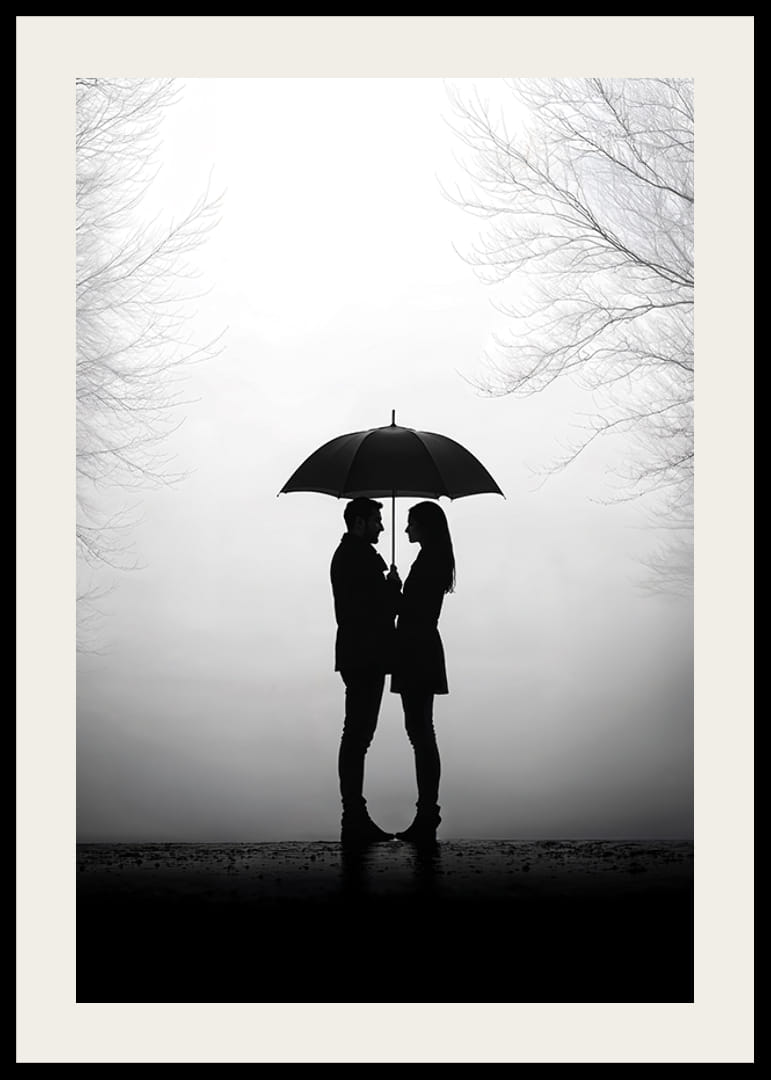 Ett romantiskt möte under ett paraply i silhuett-12