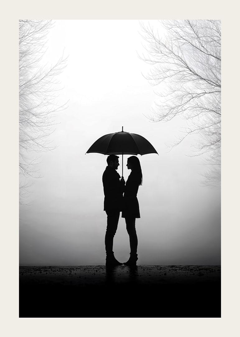 Ein romantisches Treffen unter einem Regenschirm in der Silhouette-12
