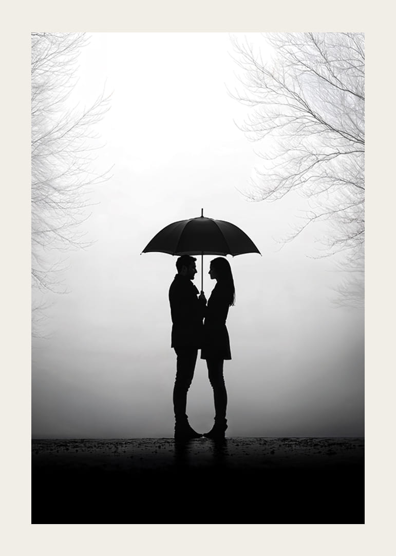 Ett romantiskt möte under ett paraply i silhuett-12