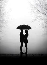 Ein romantisches Treffen unter einem Regenschirm in der Silhouette-7