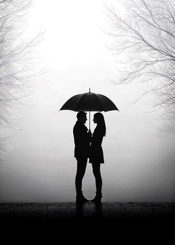 Ein romantisches Treffen unter einem Regenschirm in der Silhouette-12