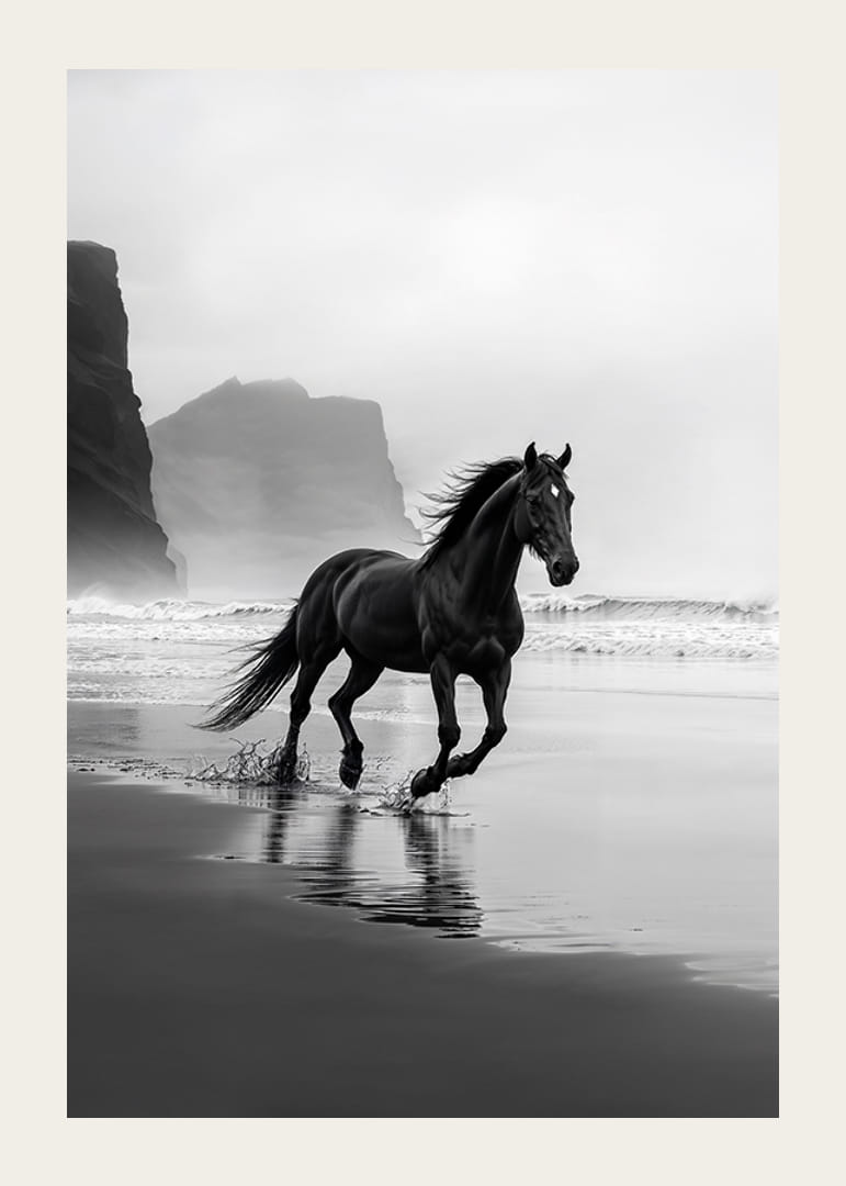 Stately horse runs along foggy shore, a symbol of freedom-12