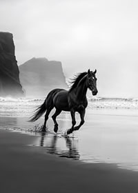 Ståtlig häst springer längs dimmig strand, en symbol för frihet-7