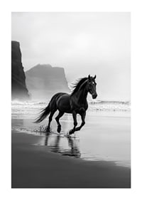 Ståtlig häst springer längs dimmig strand, en symbol för frihet-1
