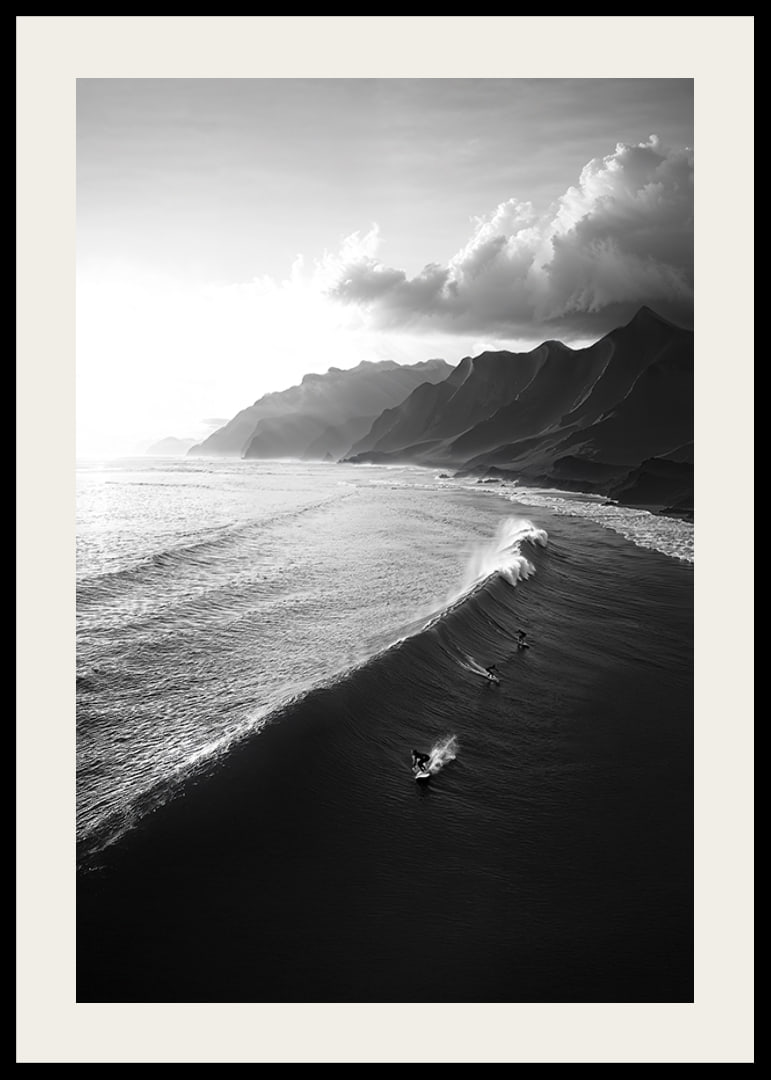 Black and white poster with surfers riding powerful waves on a dramatic coastline-12