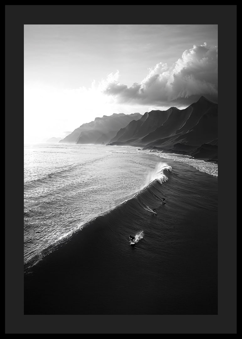 Black and white poster with surfers riding powerful waves on a dramatic coastline-12