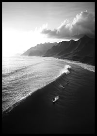 Black and white poster with surfers riding powerful waves on a dramatic coastline-6