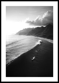 Black and white poster with surfers riding powerful waves on a dramatic coastline-0