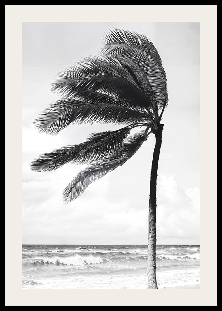 A palm tree sways softly in the winds against a stormy sea-12